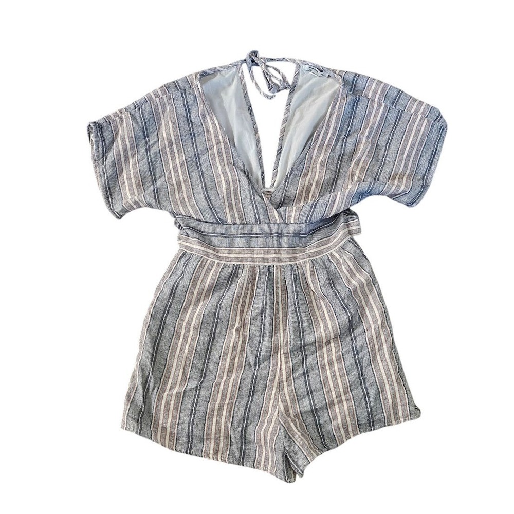 American Eagle Women XS Blue Striped Linen Blend V-Neck Short Sleeve Romper Tie